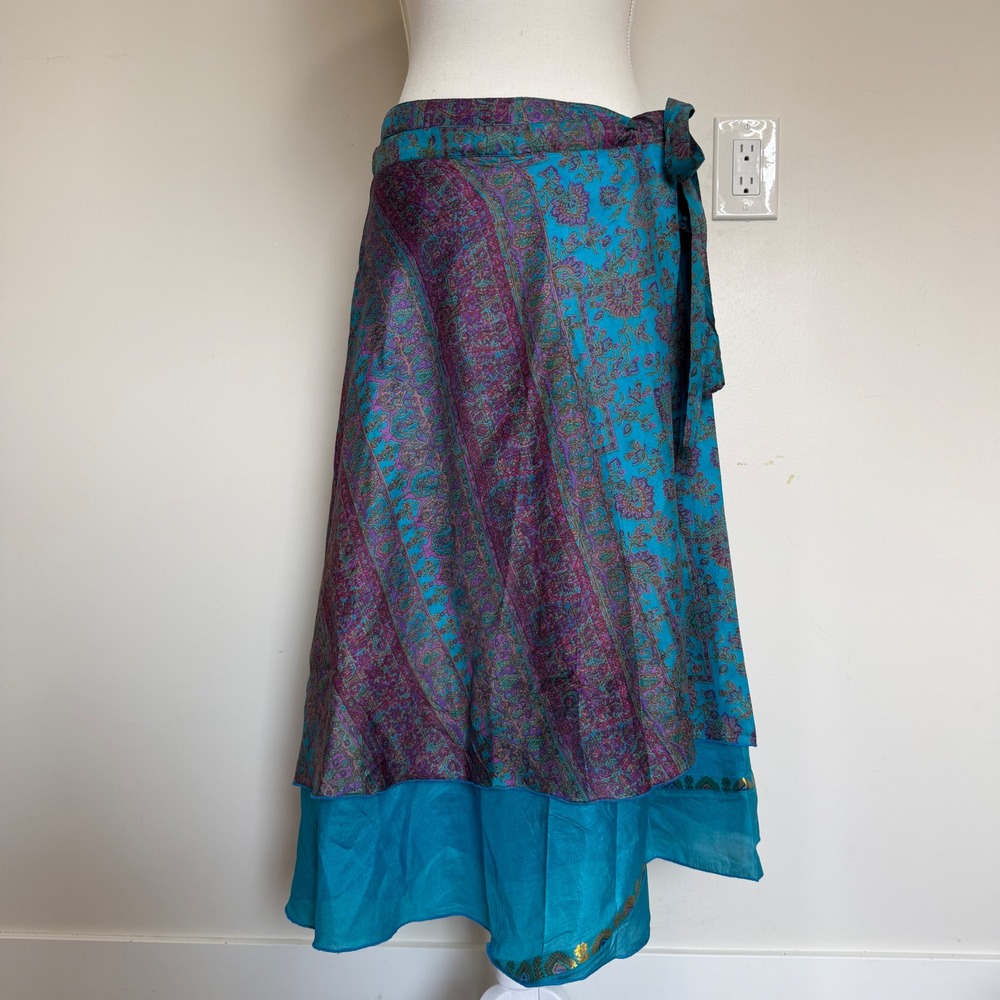 NWT Alchemy Eco-Fashions Recycled Silk Sari Wrap Skirt Turquoise XL Boho